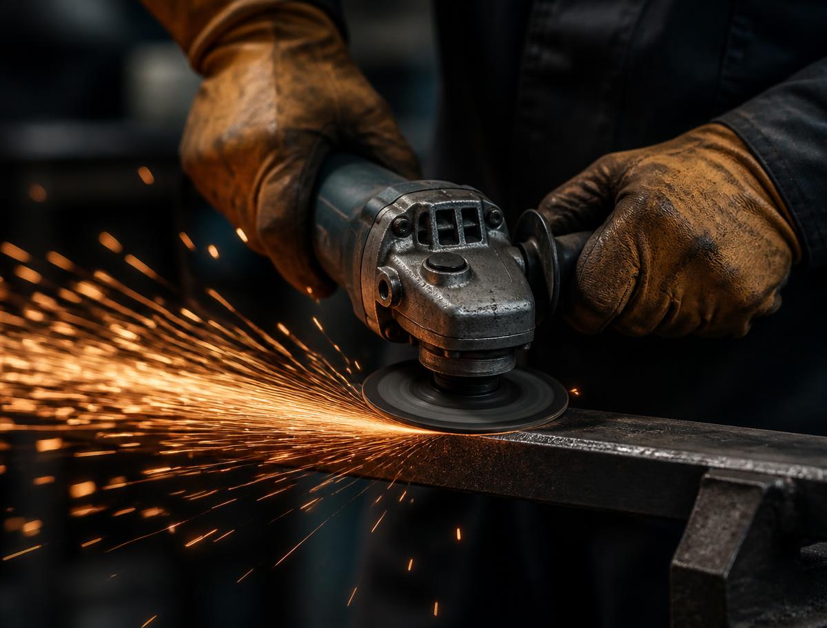 Grinding a steel bar in the White Hog fabrication shop